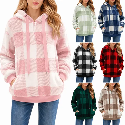 Chaqueta de Forro Polar con Capucha a Cuadros para Mujer Sudadera Holgada de Manga Larga con Bolsillo Top Cálido de Invierno