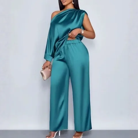 Conjunto Casual de Satén de Dos Piezas para Mujer Top Diagonal de un Hombro y Pantalones de Pierna Ancha de Talle Alto