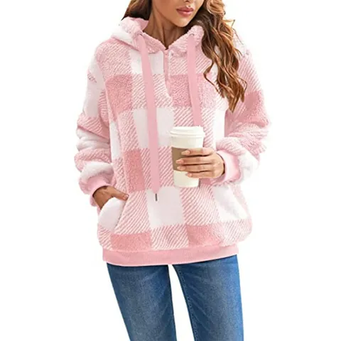 Felpa da Donna Casual in Pile Sherpa a Quadri a Maniche Lunghe con Cerniera a Un Quarto Pullover Sweatshirt Giuntata Larga Calda Invernale