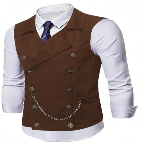 Men's Slim Fit Double Breasted Waistcoat With Metal Chain Business Casual Sleeveless Vest Top Polyester Suit Vest