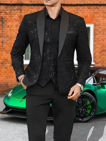 Heren 3-Delig Floral Jacquard Formeel Kostuum Set Sjaalkraag Slim Fit Tuxedo Jas Vest En Broek Voor Bruiloft Banket