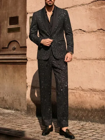 Conjunto de Traje Brillante Cielo Estrellado para Hombre Americana de Lujo con Solapa de Chal y Pantalones para Boda Banquete y Fiesta Traje Formal de Dos Piezas