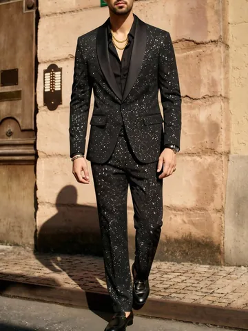 Conjunto de Traje Brillante Cielo Estrellado para Hombre Americana de Lujo con Solapa de Chal y Pantalones para Boda Banquete y Fiesta Traje Formal de Dos Piezas