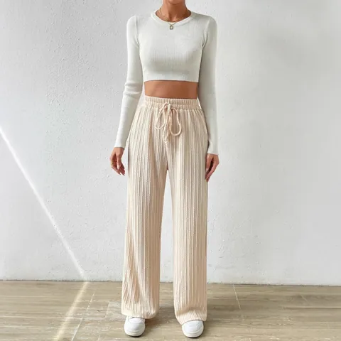 Pantalones de Mujer de Cintura Alta de Punto Texturizado de Pierna Ancha Pantalones Casuales Rectos Sueltos Con Cordón Elástico