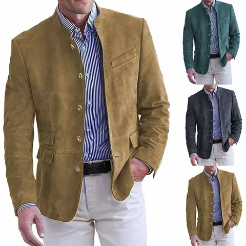 Veste de Travail en Velours Côtelé Vintage pour Homme Texture Daim Blazer Décontracté à Col Montant Top Homme Style Britannique Extérieur