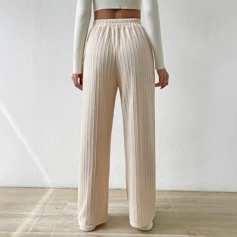 Pantalones de Mujer de Cintura Alta de Punto Texturizado de Pierna Ancha Pantalones Casuales Rectos Sueltos Con Cordón Elástico