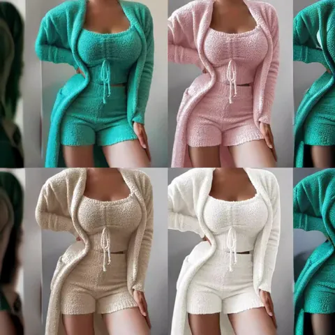Women Plush 3-Piece Loungewear Set Open Front Long Cardigan Cami Top Shorts Warm Fleece Pajama Set