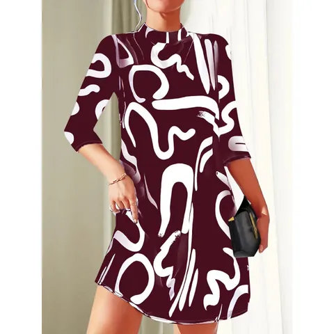 Mini Vestido Elegante con Estampado Abstracto para Mujer Cuello Alto Manga Tres Cuartos Poliéster Spandex Ajuste Entallado Vestido Túnica Moda de Otoño