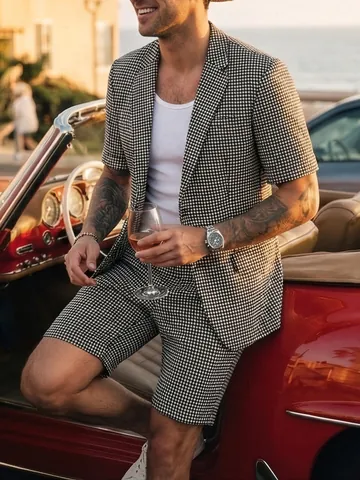 Ensemble de Costume Business Décontracté à Carreaux Style Britannique pour Hommes Polyester Blazer Manches Courtes Et Short Top And Bottom