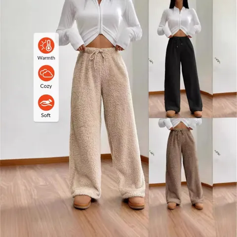 Women Plush Sweatpants Fleece High Waist Loose Fit Solid Color Warm Winter Bottoms Casual Drawstring Fleece Trousers