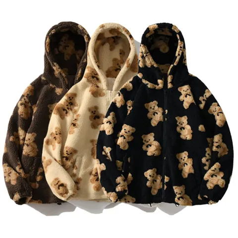 Felpa con Cappuccio Peluche Ispessita Donna Autunno Inverno Stampa Orso Cartone Animato Tasca con Cerniera Top Casual in Pile