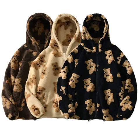 Felpa con Cappuccio in Pile Casual da Donna Stampa Orsetto Zip Intera Manica Lunga Tasche Calda Invernale