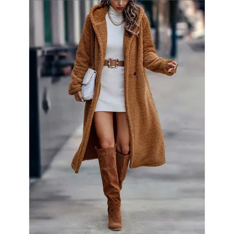 Damen Langer Plüsch Kapuzenjacke Polyester Teddy Fleece Einfarbig Trenchcoat Winter Warmer Übermantel Streetwear Stilvolles Top
