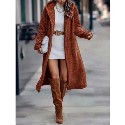 Damen Langer Plüsch Kapuzenjacke Polyester Teddy Fleece Einfarbig Trenchcoat Winter Warmer Übermantel Streetwear Stilvolles Top