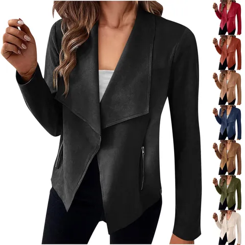 Chaqueta Blazer de Gamuza Sintética para Mujer Color Sólido Ajuste Delgado Solapa Drapeada Bolsillos con Cremallera