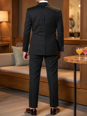 Conjunto Traje Hombre Poliéster Raya Diplomática Cruzado Solapa Pico Slim Fit Chaqueta Y Pantalón Para Boda