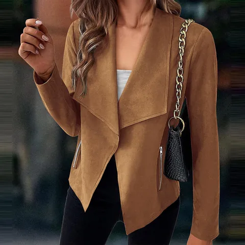 Chaqueta Blazer de Gamuza Sintética para Mujer Color Sólido Ajuste Delgado Solapa Drapeada Bolsillos con Cremallera