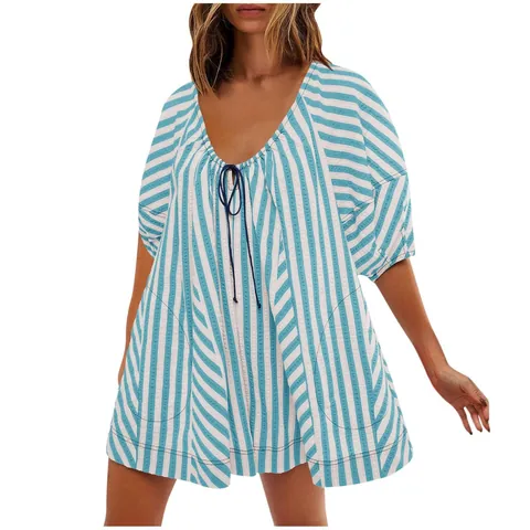 Women Summer Striped Romper Deep V Neck Short Sleeve Casual Loose Wide Leg Jumpsuit Printed Rayon Playsuit With Tie Pockets