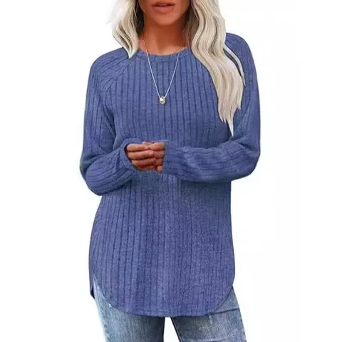 Dames Casual Geribd Gebreid T-shirt Lange Mouw Ronde Hals Gebogen Zoom Effen Kleur Slim Fit Pullover Top Mode Herfst Winter