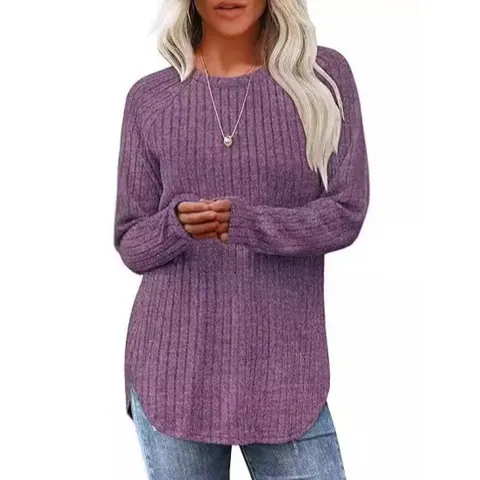 Dames Casual Geribd Gebreid T-shirt Lange Mouw Ronde Hals Gebogen Zoom Effen Kleur Slim Fit Pullover Top Mode Herfst Winter