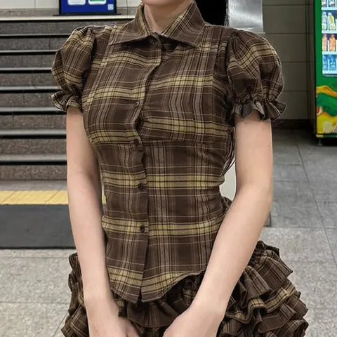 Women Retro Preppy Plaid Short Sleeve Shirt Vintage Puff Sleeve Slim Fit Lapel Button Down Top For Summer Daily Casual