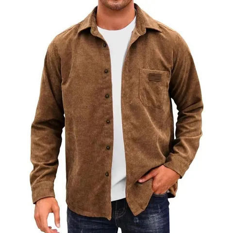 Camisa de Pana Casual para Hombre Manga Larga Color Sólido Cuello de Solapa Cárdigan con Botones para Otoño Invierno Moda Urbana