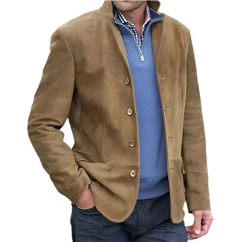 Veste en Suédine Vintage pour Hommes Rétro Business Décontracté Revers Manches Longues Manteau Coupe Vent Couleur Unie Automne Hiver