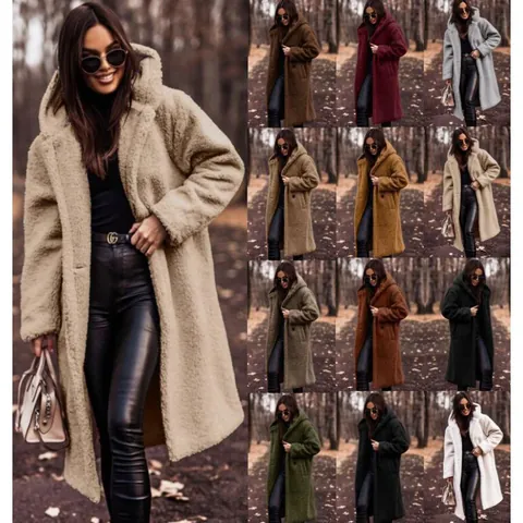Women's Long Teddy Fleece Coat Hooded Warm Winter Faux Fur Jacket Solid Color Streetwear Plush Overcoat Top Plus Size