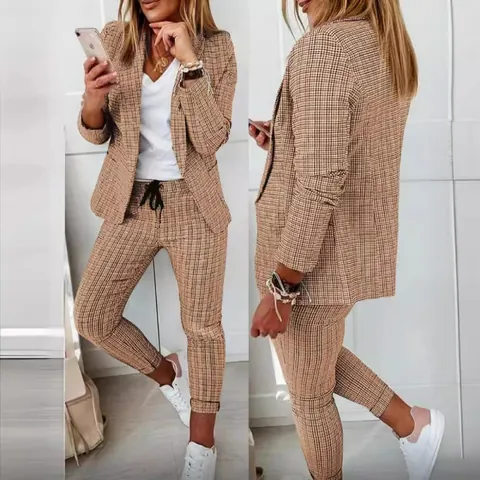 Women Polyester Blazer And Pants Top And Bottom Set Casual Plaid Houndstooth Long Sleeve Lapel Office Casual Fashion Suits