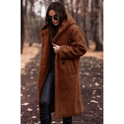 Women's Long Teddy Fleece Coat Hooded Warm Winter Faux Fur Jacket Solid Color Streetwear Plush Overcoat Top Plus Size