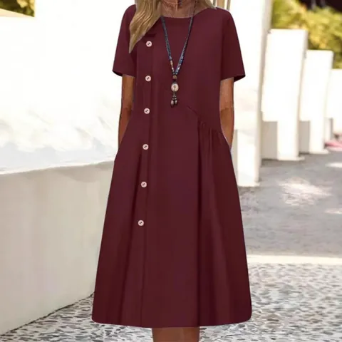 Vestido Midi Casual para Mujer Cuello Redondo Manga Corta Color Sólido Empalme Botones Decoración Plisado Bolsillo Poliéster