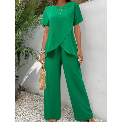Women Casual Pleated Top And Bottom Outfits Irregular Hem Short Sleeve Round Neck Blouse And Wide Leg Pants Summer Clothing