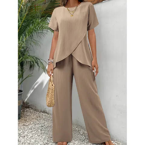 Women Casual Pleated Top And Bottom Outfits Irregular Hem Short Sleeve Round Neck Blouse And Wide Leg Pants Summer Clothing