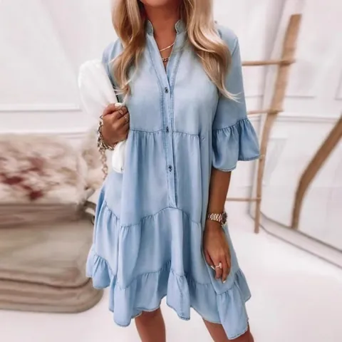 Γυναικείο Casual Πλυμένο Πολυεστερικό Midi Φόρεμα Denim Look Μονόχρωμο με Βολάν Μισό Μανίκι Άλφα Γραμμή Ευρωπαϊκό Στυλ με Κουμπιά
