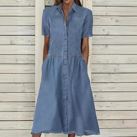 Women's Casual Polyester Denim Style Shirt Dress Lapel Short Sleeve Single Breasted Maxi Dress With Pockets Solid Color