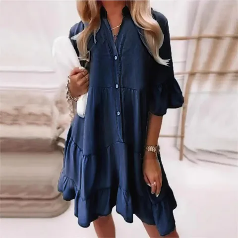 Γυναικείο Casual Πλυμένο Πολυεστερικό Midi Φόρεμα Denim Look Μονόχρωμο με Βολάν Μισό Μανίκι Άλφα Γραμμή Ευρωπαϊκό Στυλ με Κουμπιά