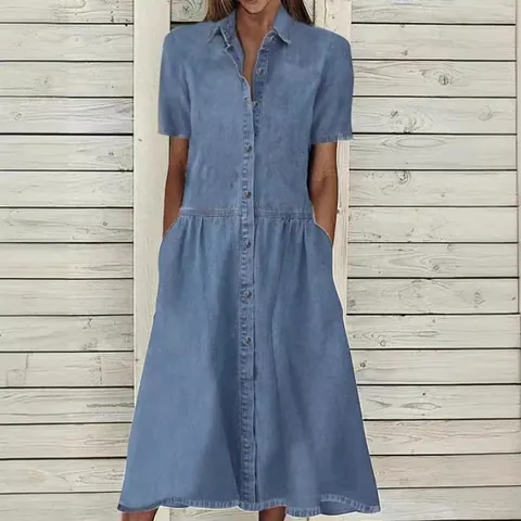 Women's Casual Polyester Denim Style Shirt Dress Lapel Short Sleeve Single Breasted Maxi Dress With Pockets Solid Color