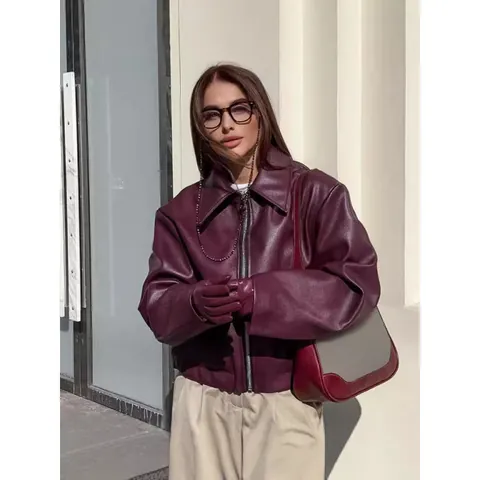 Damen Kunstleder Motorradjacke Lockere Passform Oversized Revers Reißverschluss Lange Mantel Mode Streetwear Herbst Winter Oberbekleidung