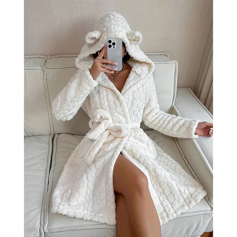 Women's Coral Fleece Hooded Bathrobe Thick Warm Winter Pajamas European Style Solid Color Loungewear Long Sleeve Robe With Belt