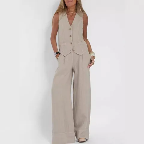 Conjunto de Chaleco y Pantalones de Algodón Informal para Mujer Top y Bottom Estilo de Viaje Cuello en V Chaleco sin Mangas Pantalones de Pierna Ancha Conjunto de Descanso Suelto