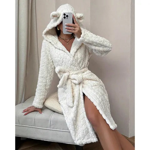 Women's Coral Fleece Hooded Bathrobe Thick Warm Winter Pajamas European Style Solid Color Loungewear Long Sleeve Robe With Belt
