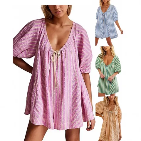 Women Summer Striped Romper Deep V Neck Short Sleeve Casual Loose Wide Leg Jumpsuit Printed Rayon Playsuit With Tie Pockets