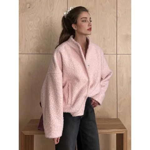 Women Pink Teddy Fleece Jacket Stand Collar Drop Shoulder Short Faux Shearling Coat Winter Warm Casual Outerwear Top