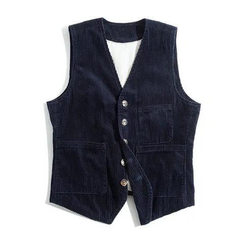 Men's Vintage Corduroy Workwear Vest Retro V-Neck Single-Breasted Waistcoat Slim Fit Multi-Pocket Casual Outdoor Jacket Top