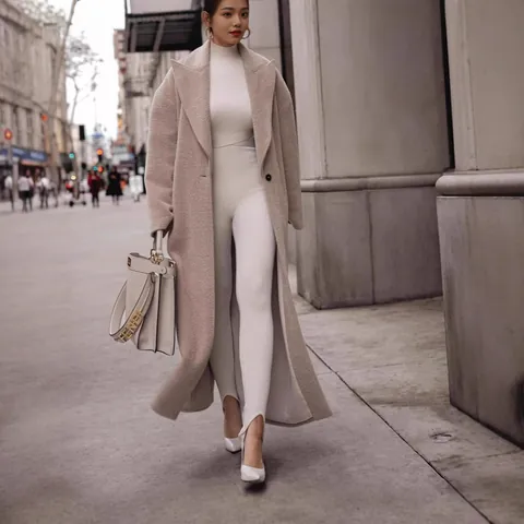 Dames Mode Effen Kleur Pluche Lange Jas Revers Lange Mouw Knoop Warme Wolachtige Bovenkleding Top Voor Herfst Winter