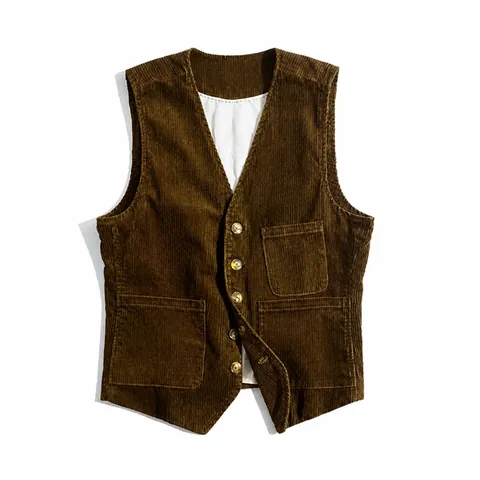 Men's Vintage Corduroy Workwear Vest Retro V-Neck Single-Breasted Waistcoat Slim Fit Multi-Pocket Casual Outdoor Jacket Top