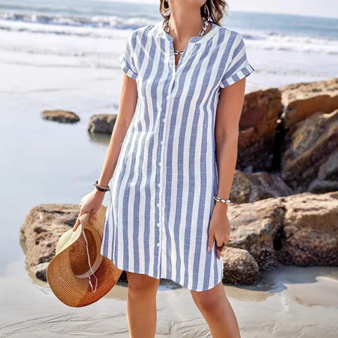 Women Casual Striped Shirt Dress V Neck Short Sleeve Button Down Loose Cotton Polyester Tunic Top
