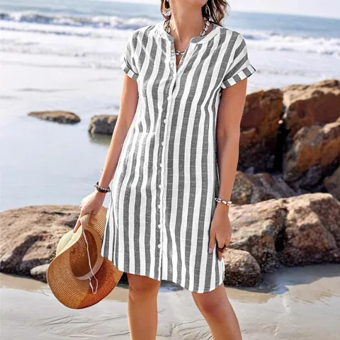 Women Casual Striped Shirt Dress V Neck Short Sleeve Button Down Loose Cotton Polyester Tunic Top