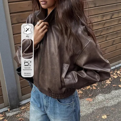 Giacca da Moto Donna in Pelle Sintetica PU Vintage Larga a Maniche Lunghe Tinta Unita Con Cerniera Top