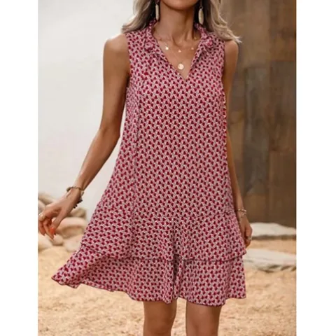 Bohemian Geometric Print Sleeveless Midi Dress For Women Casual V-Neck Tie-Up Ruffle Hem Beach Holiday Summer Dress Top And Bottom